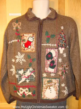 Tacky Christmas Sweater Party Ugly Brown Sweater with Plaid Patchwork Design (f881)