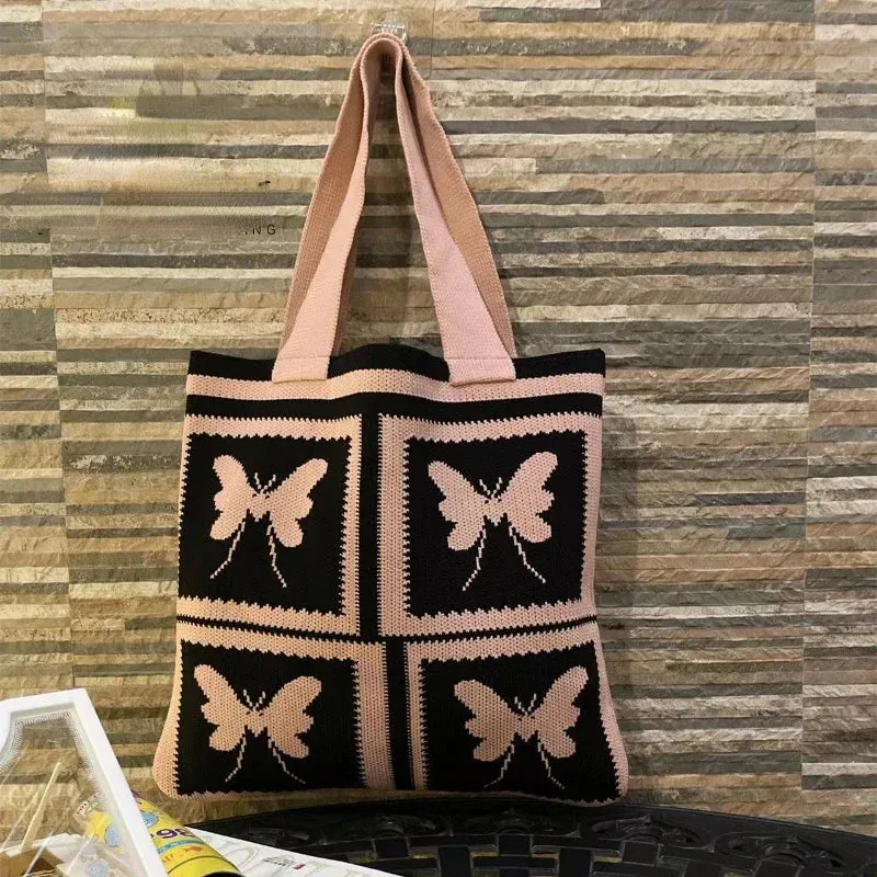UAKISS  - Patchwork Contrast Color Butterfly Knitted Top-Handle Bags Trendy Streetwear Y2k Shoulder Bag Harajuku Women Purses and Handbags