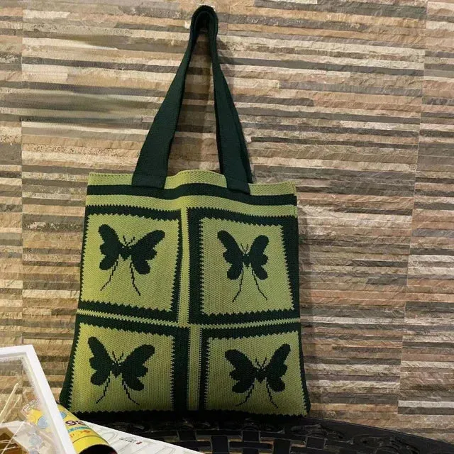 UAKISS  - Patchwork Contrast Color Butterfly Knitted Top-Handle Bags Trendy Streetwear Y2k Shoulder Bag Harajuku Women Purses and Handbags