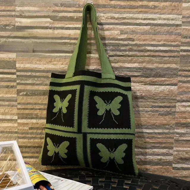 UAKISS  - Patchwork Contrast Color Butterfly Knitted Top-Handle Bags Trendy Streetwear Y2k Shoulder Bag Harajuku Women Purses and Handbags
