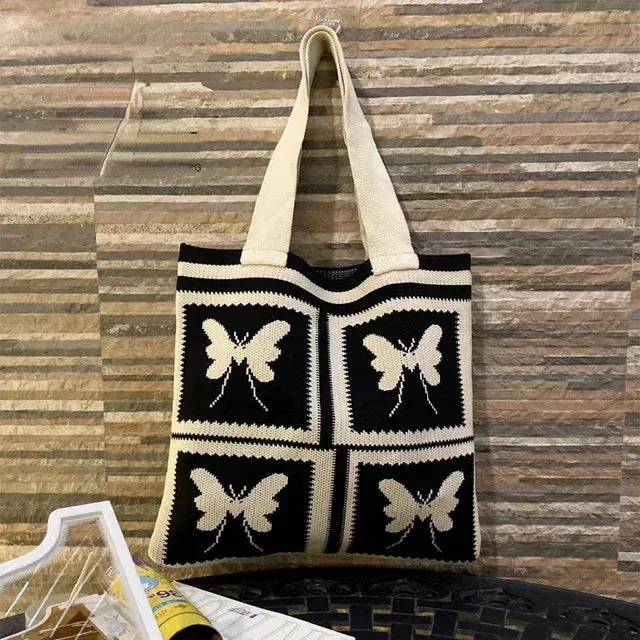 UAKISS  - Patchwork Contrast Color Butterfly Knitted Top-Handle Bags Trendy Streetwear Y2k Shoulder Bag Harajuku Women Purses and Handbags
