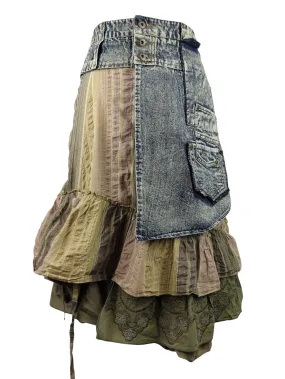 Vintage 2000s Y2K Subversive Bohemian Hippie Asymmetrical Denim Ruffled Layered Midi Skirt | 36 Inch Waist