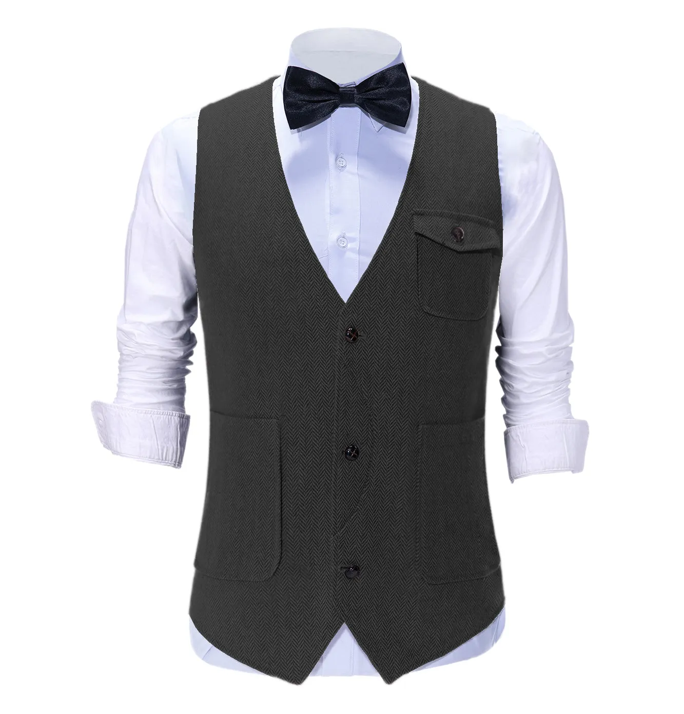 Vintage Classical Mens Regular Fit Tweed Herringbone V Neck Suit Vest