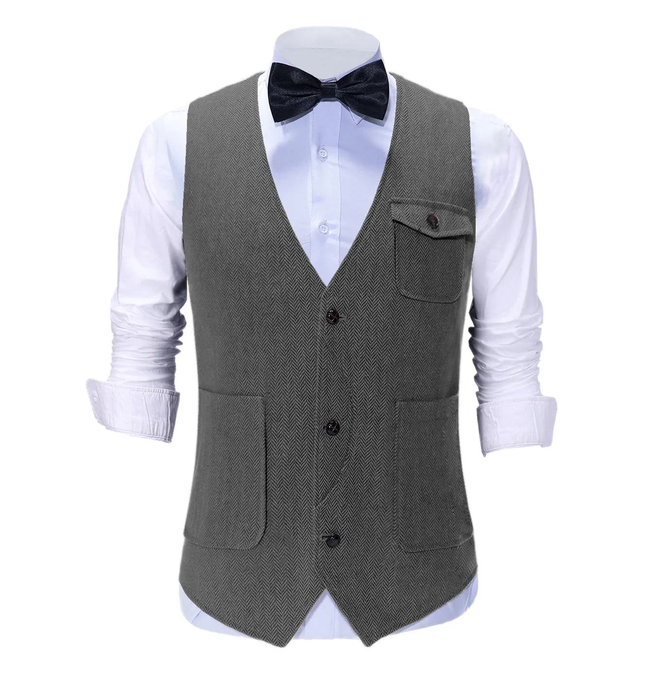 Vintage Classical Mens Regular Fit Tweed Herringbone V Neck Suit Vest