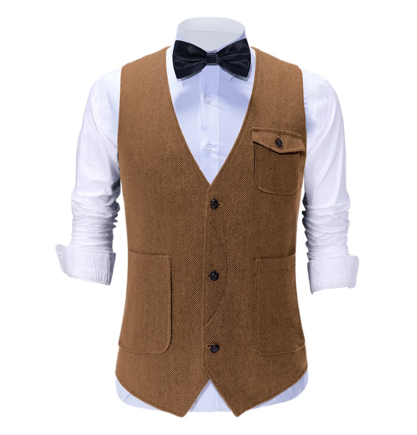 Vintage Classical Mens Regular Fit Tweed Herringbone V Neck Suit Vest