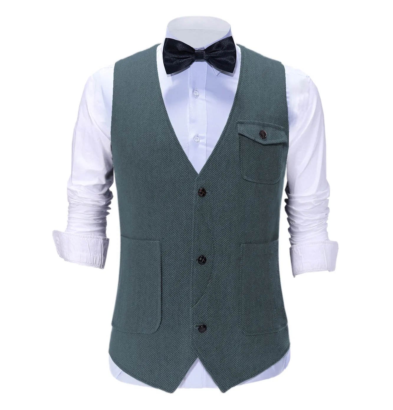 Vintage Classical Mens Regular Fit Tweed Herringbone V Neck Suit Vest