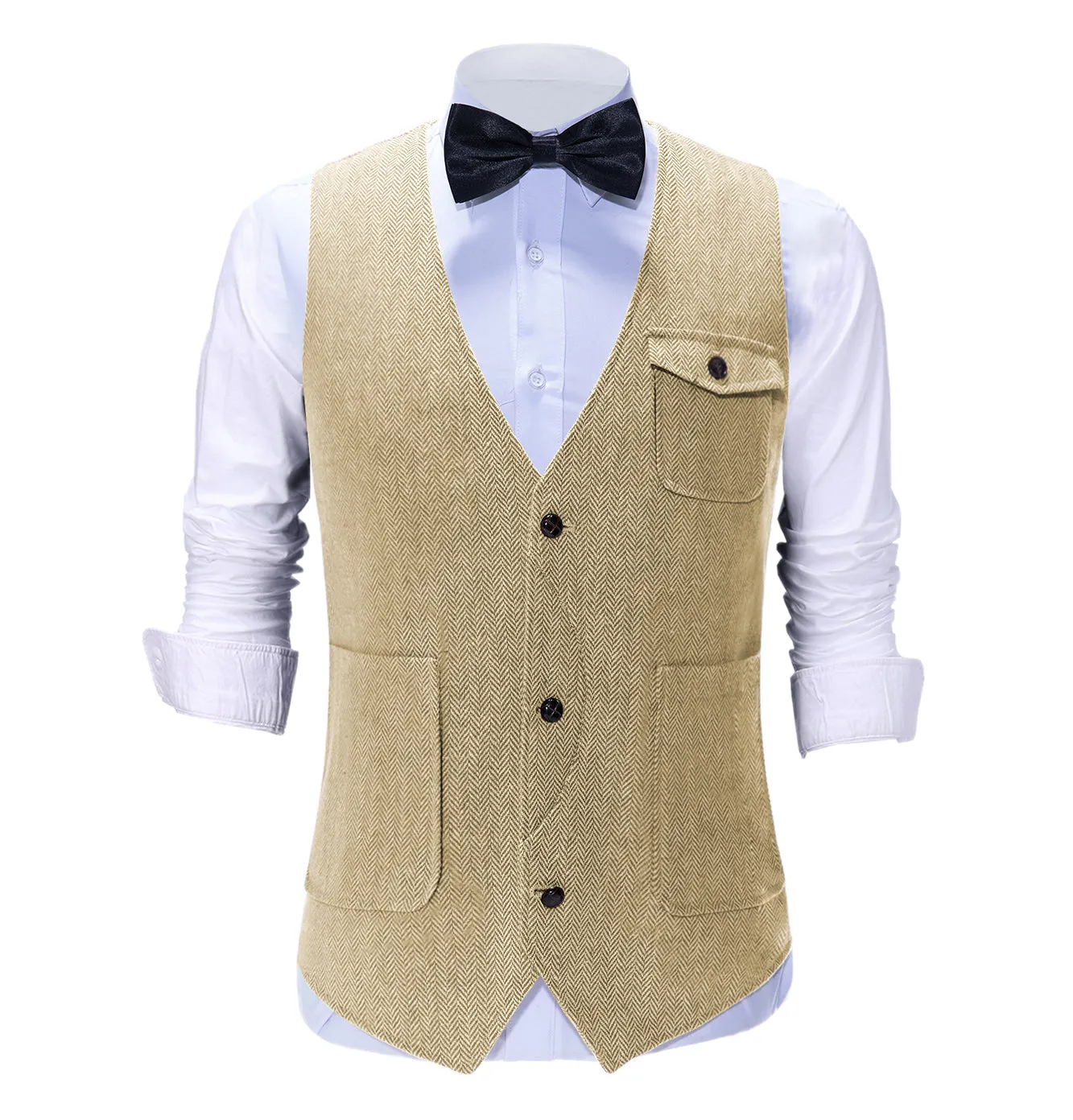 Vintage Classical Mens Regular Fit Tweed Herringbone V Neck Suit Vest