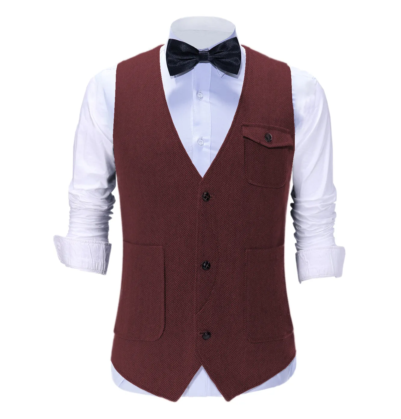 Vintage Classical Mens Regular Fit Tweed Herringbone V Neck Suit Vest