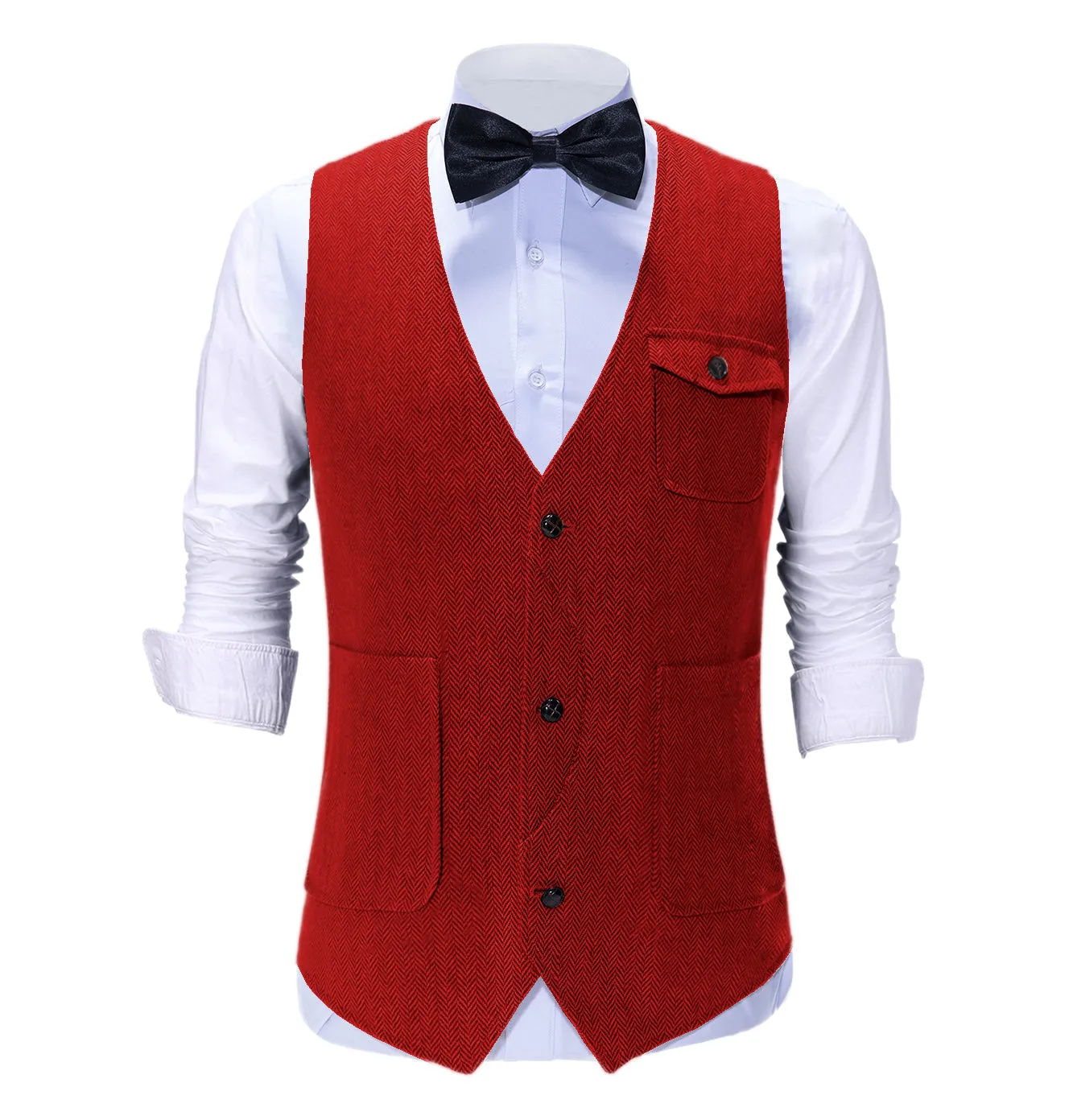 Vintage Classical Mens Regular Fit Tweed Herringbone V Neck Suit Vest