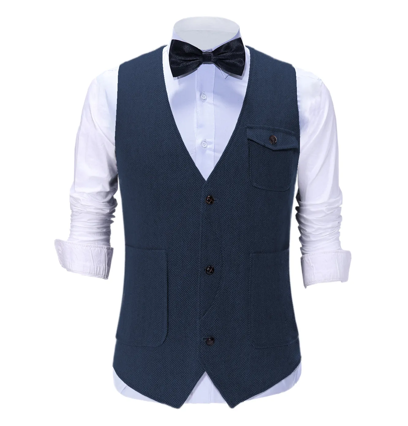 Vintage Classical Mens Regular Fit Tweed Herringbone V Neck Suit Vest