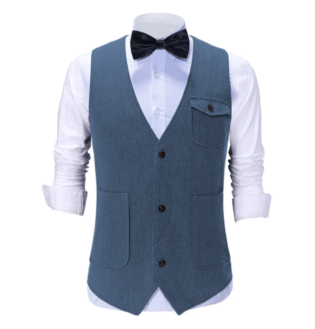 Vintage Classical Mens Regular Fit Tweed Herringbone V Neck Suit Vest