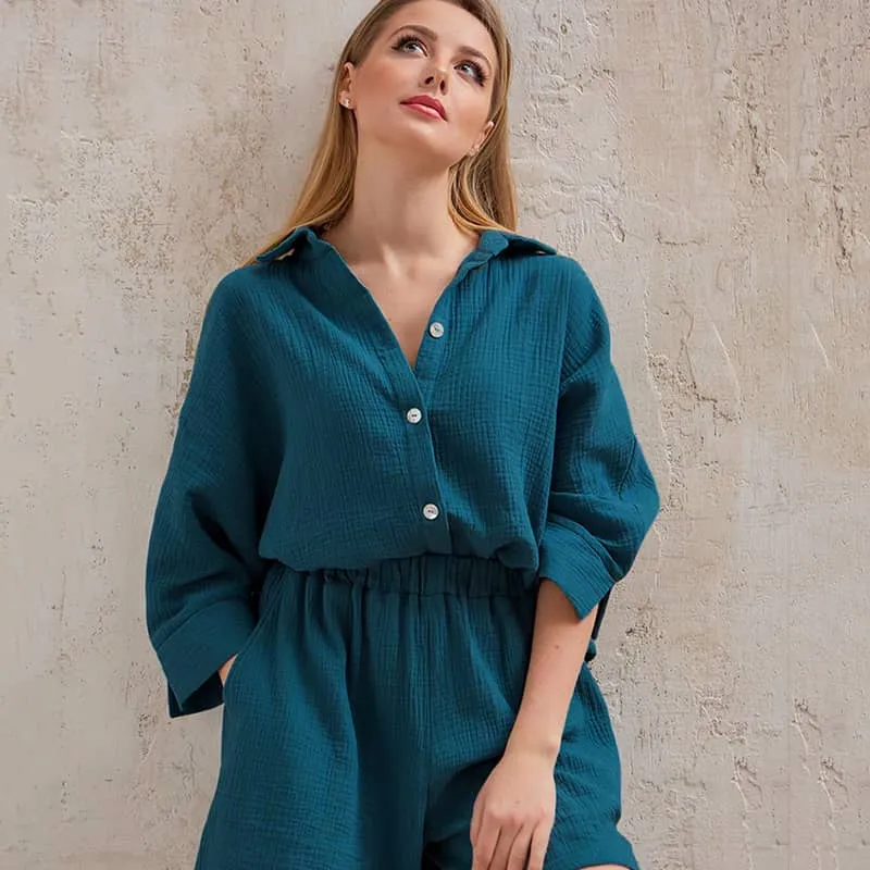 Women's cardigan shorts cotton two-piece suit