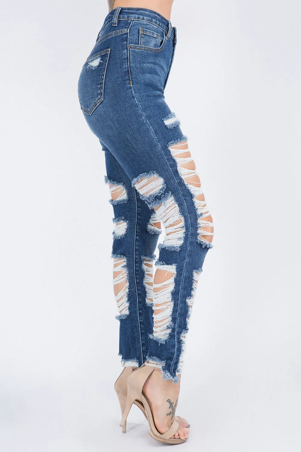 Women's High Waist Heavy Distressing Denim Skinny Jeans