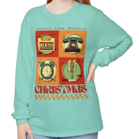Women's Retro Christmas Tee: 'Hustle and Bustle Christmas' - Comfort Colors Long Sleeve, Cozy Festive Fashion for Seasonal Joy!