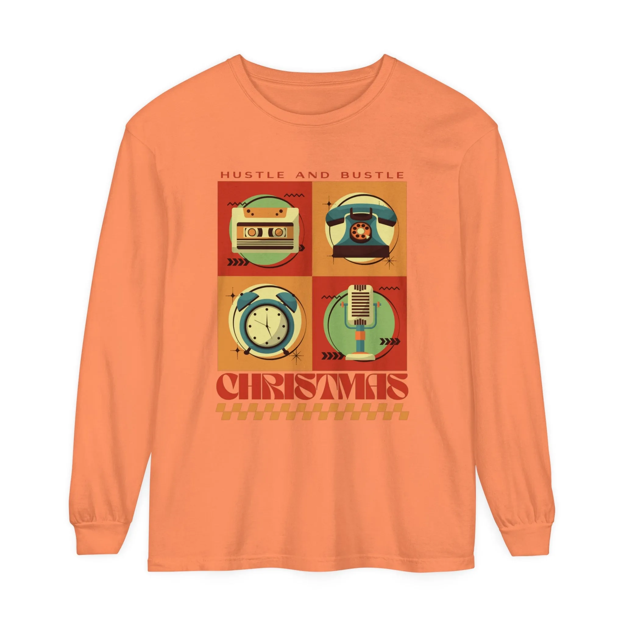 Women's Retro Christmas Tee: 'Hustle and Bustle Christmas' - Comfort Colors Long Sleeve, Cozy Festive Fashion for Seasonal Joy!