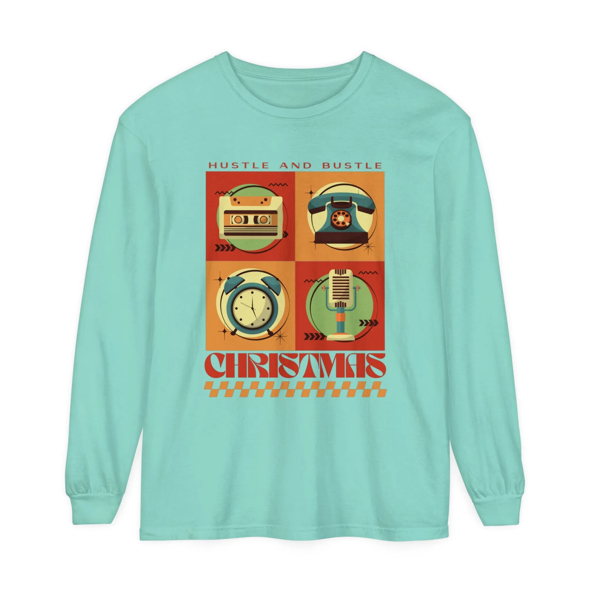 Women's Retro Christmas Tee: 'Hustle and Bustle Christmas' - Comfort Colors Long Sleeve, Cozy Festive Fashion for Seasonal Joy!