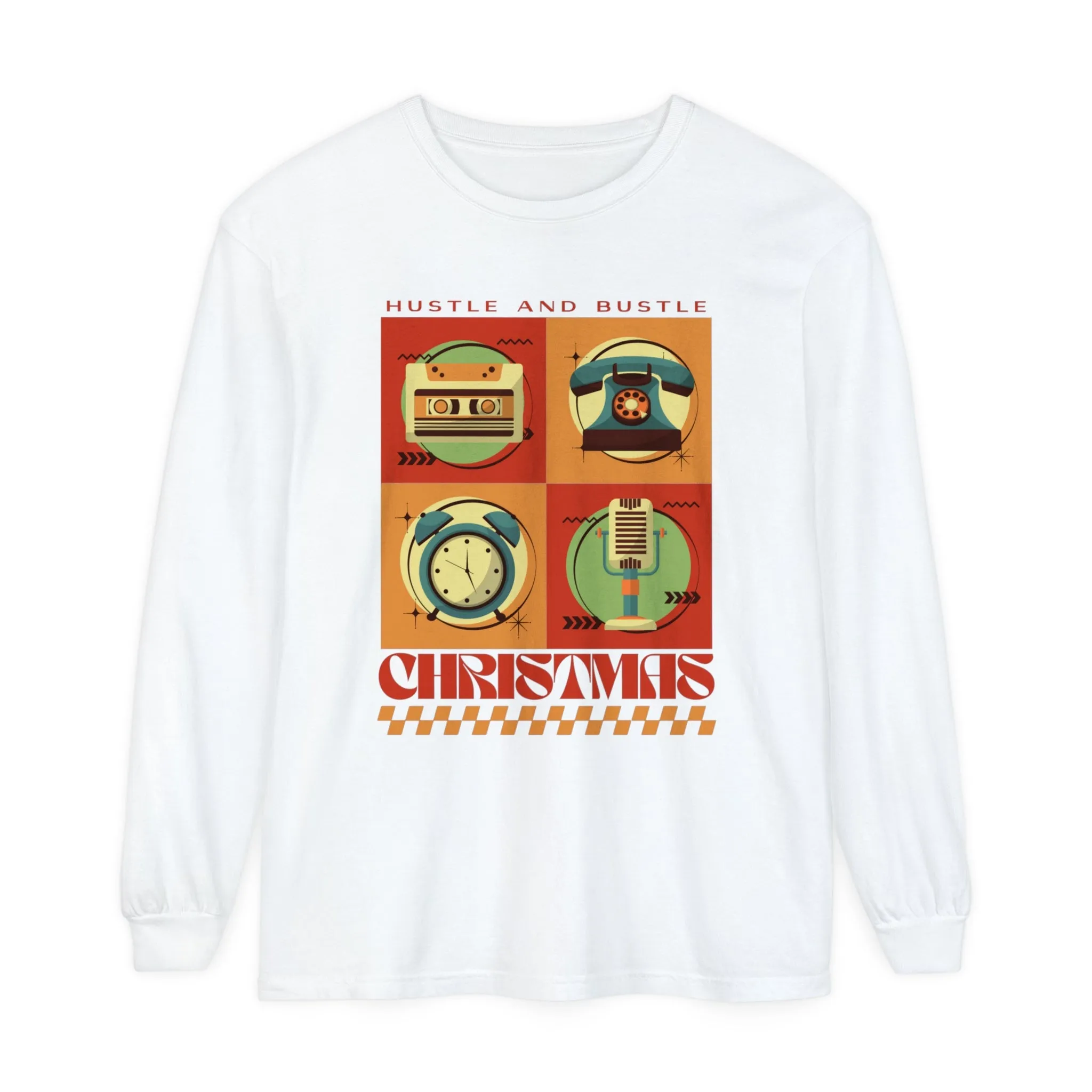 Women's Retro Christmas Tee: 'Hustle and Bustle Christmas' - Comfort Colors Long Sleeve, Cozy Festive Fashion for Seasonal Joy!
