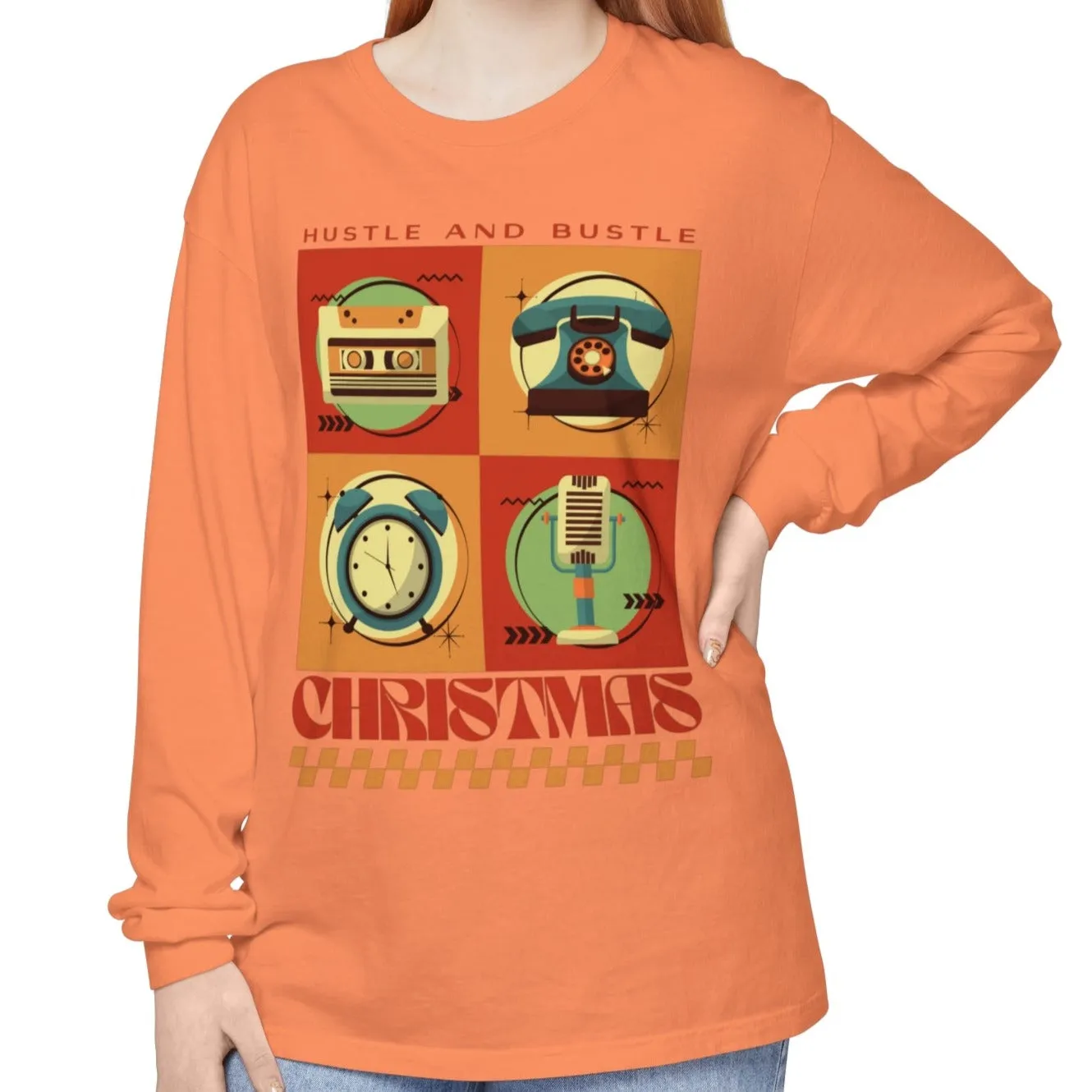 Women's Retro Christmas Tee: 'Hustle and Bustle Christmas' - Comfort Colors Long Sleeve, Cozy Festive Fashion for Seasonal Joy!