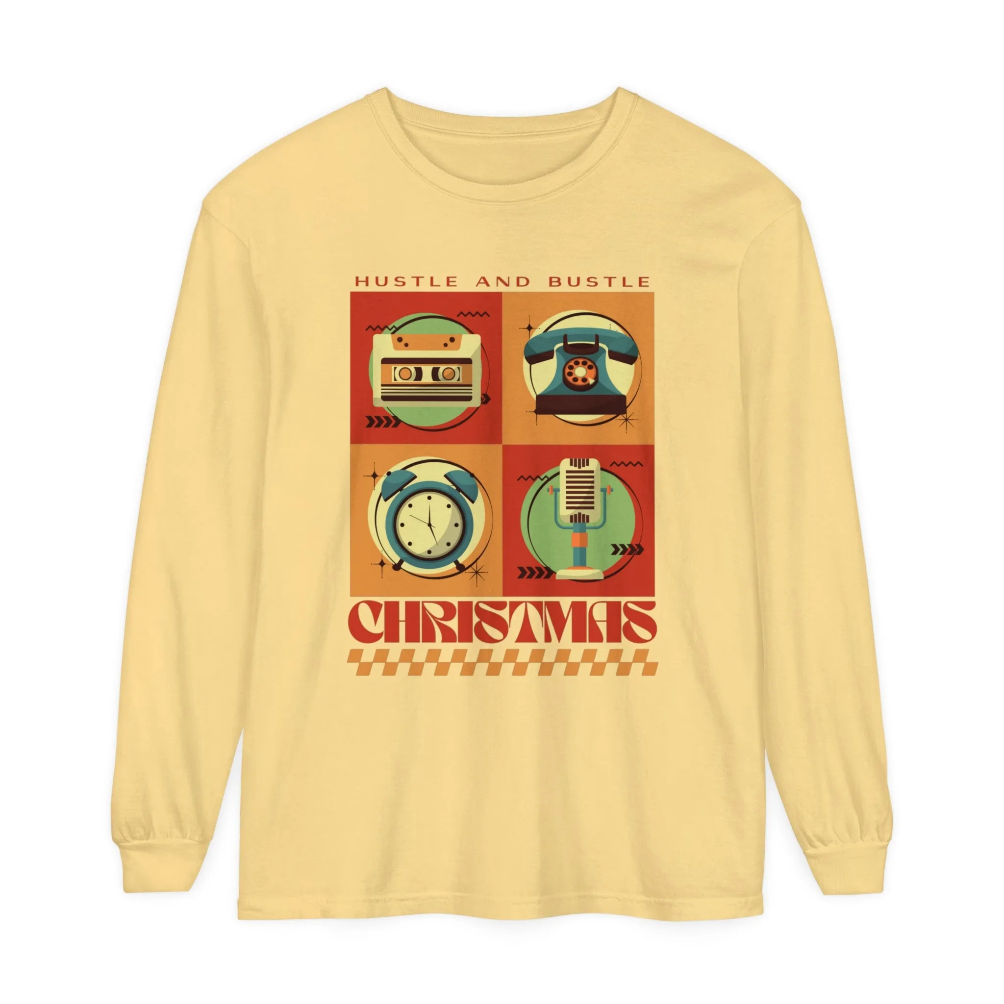 Women's Retro Christmas Tee: 'Hustle and Bustle Christmas' - Comfort Colors Long Sleeve, Cozy Festive Fashion for Seasonal Joy!
