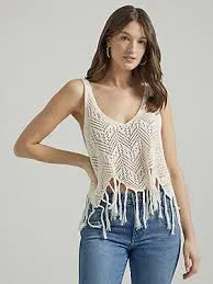 WRANGLER WOMENS CROCHET FRINGE VEST CREAM